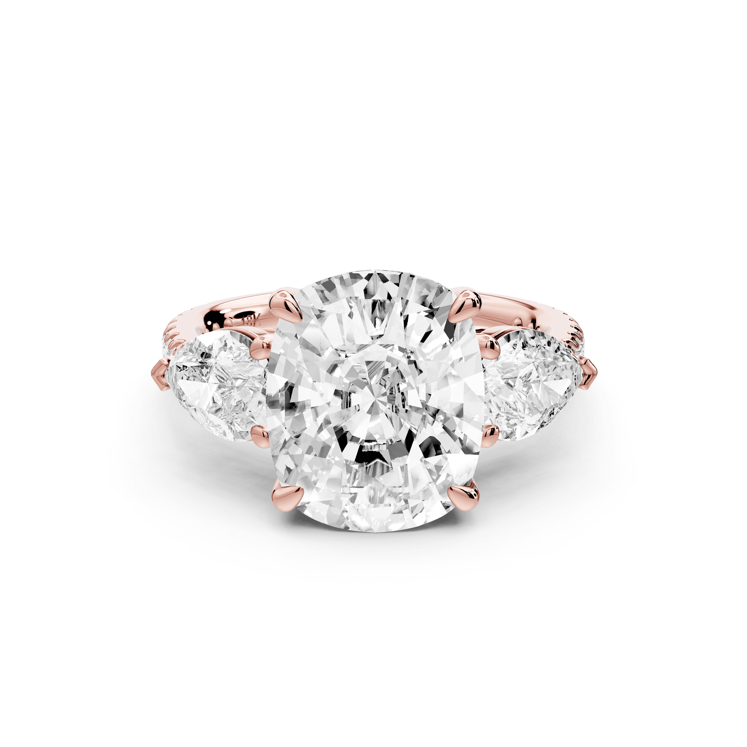 Alma - 5ct 14k rose gold ecushion center stone with two pear shaped diamonds and pavé. Three stone oval and pear engagement ring with Pavé - Mr. Alex Jewelry