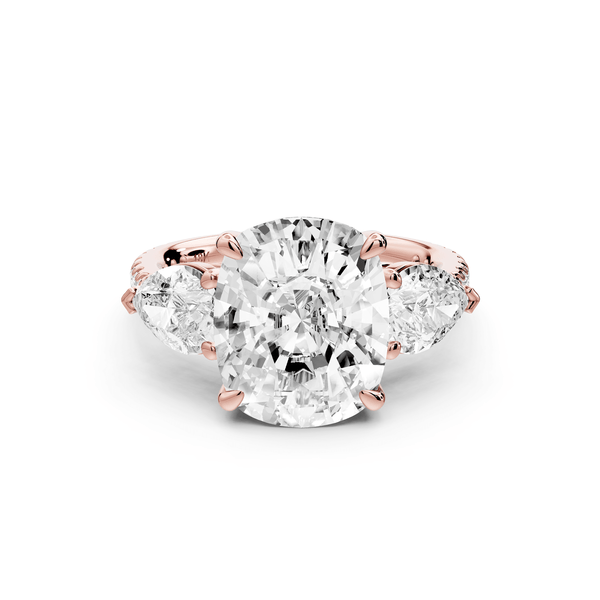 Alma - 5ct 14k rose gold ecushion center stone with two pear shaped diamonds and pavé. Three stone oval and pear engagement ring with Pavé - Mr. Alex Jewelry