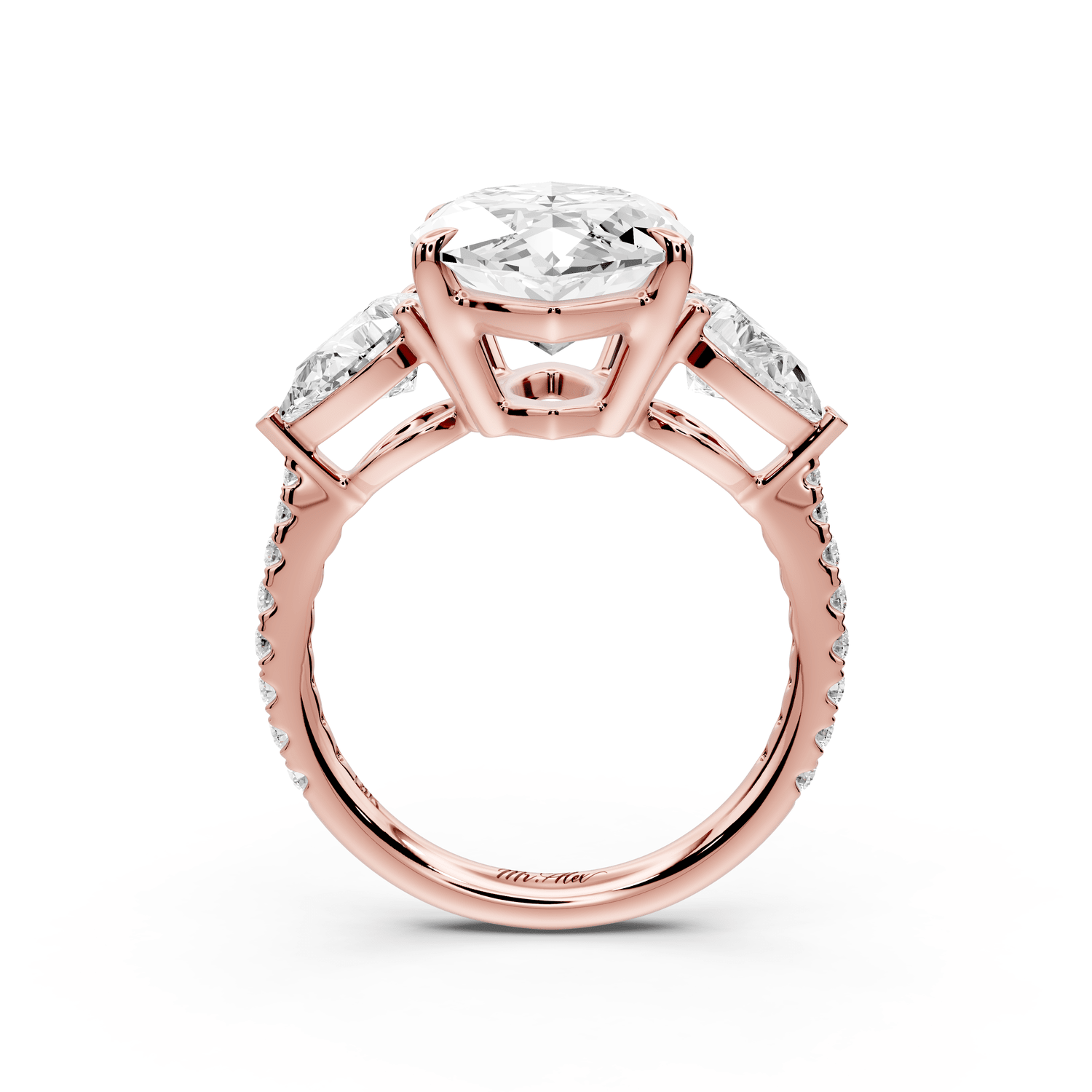 Alma - 5ct 14k rose gold marquise center stone with two pear shaped diamonds and pavé. Three stone oval and pear engagement ring with Pavé - Mr. Alex Jewelry