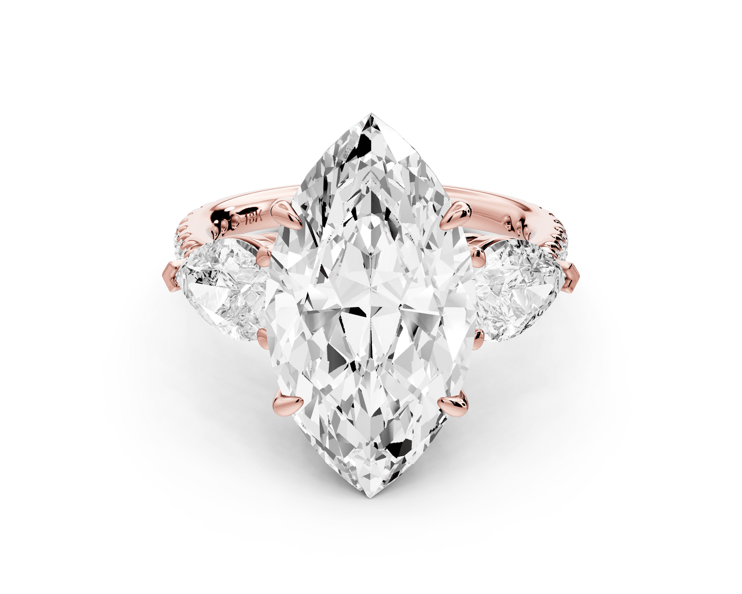 Alma - 5ct 14k rose gold marquise center stone with two pear shaped diamonds and pavé. Three stone oval and pear engagement ring with Pavé - Mr. Alex Jewelry