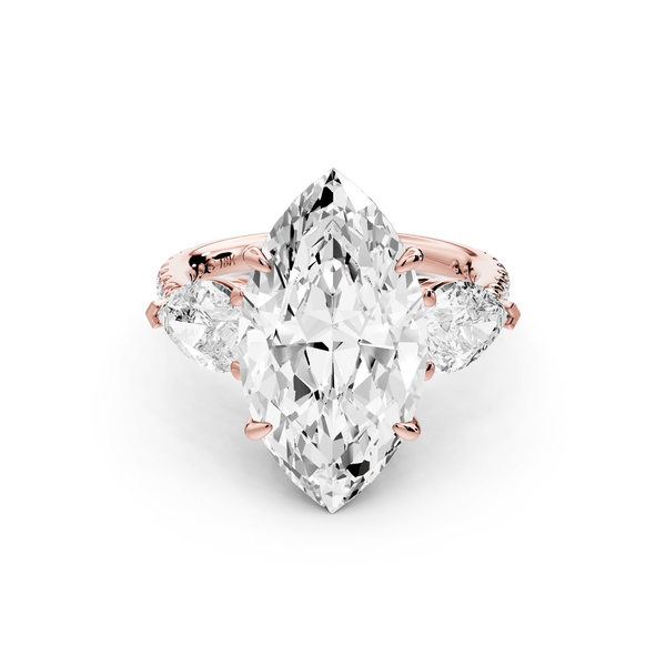 Alma - 5ct 14k rose gold marquise center stone with two pear shaped diamonds and pavé. Three stone oval and pear engagement ring with Pavé - Mr. Alex Jewelry