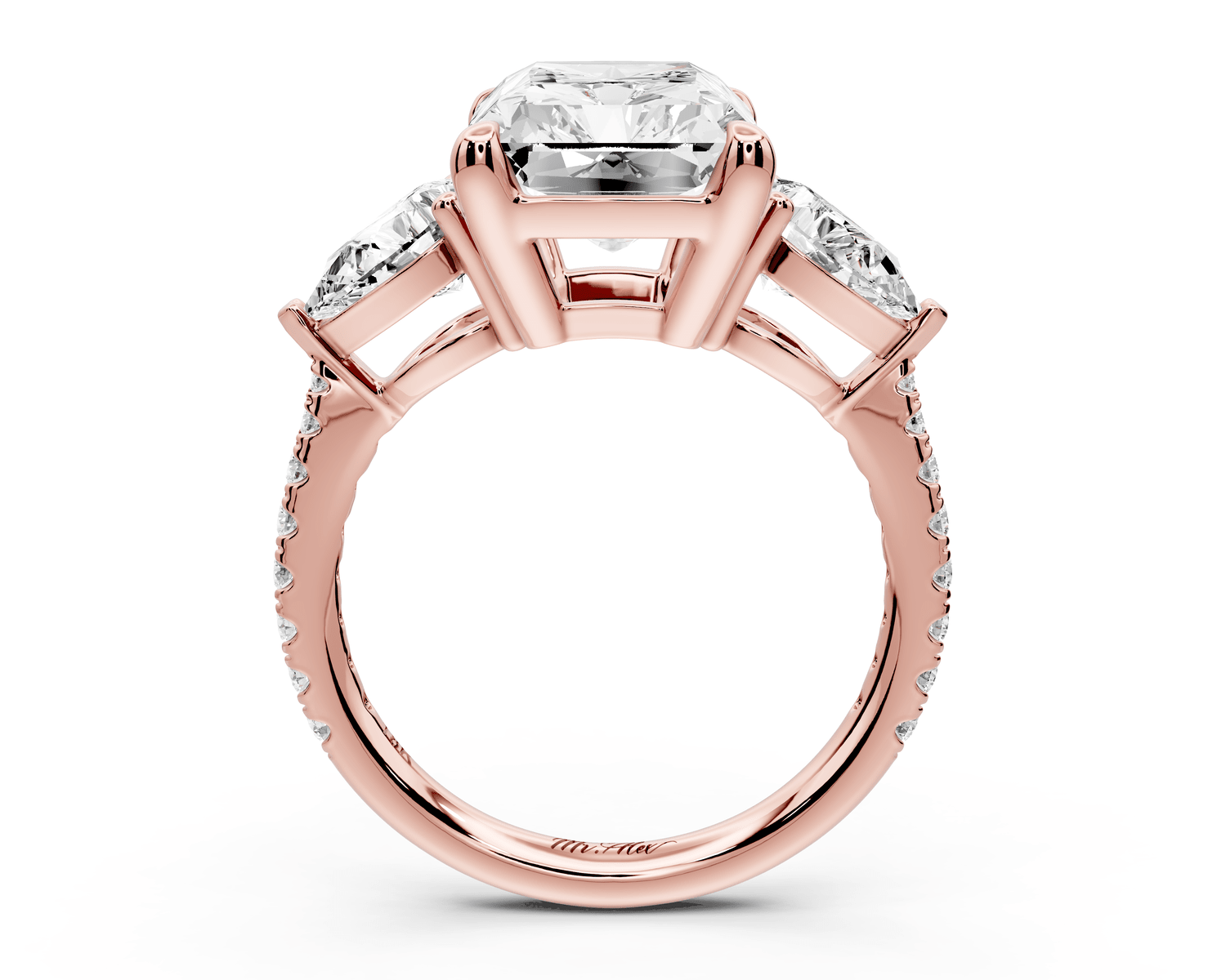 Alma - 5ct 14k rose gold radiant center stone with two pear shaped diamonds and pavé. Three stone oval and pear engagement ring with Pavé - Mr. Alex Jewelry