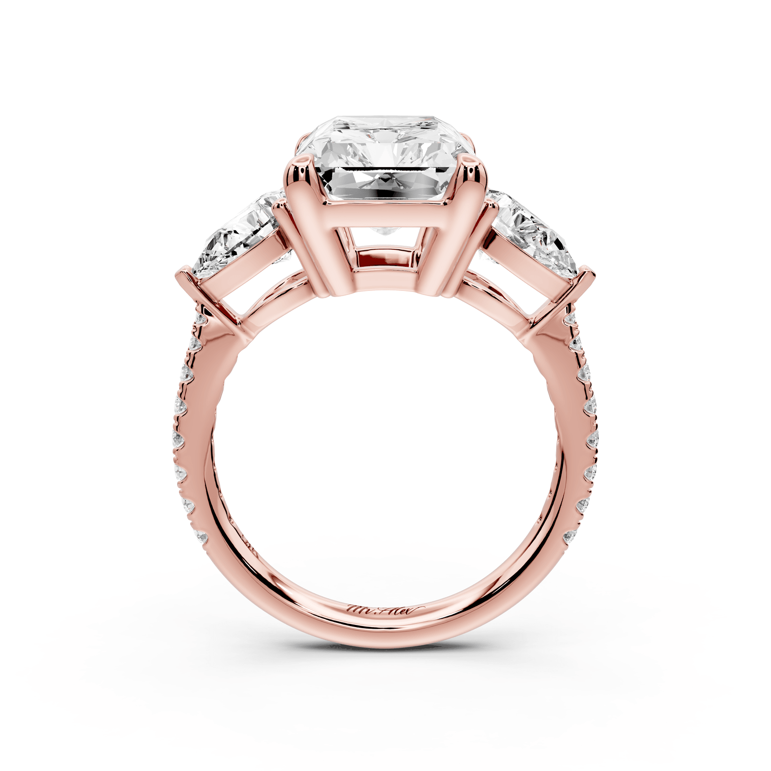 Alma - 5ct 14k rose gold radiant center stone with two pear shaped diamonds and pavé. Three stone oval and pear engagement ring with Pavé - Mr. Alex Jewelry