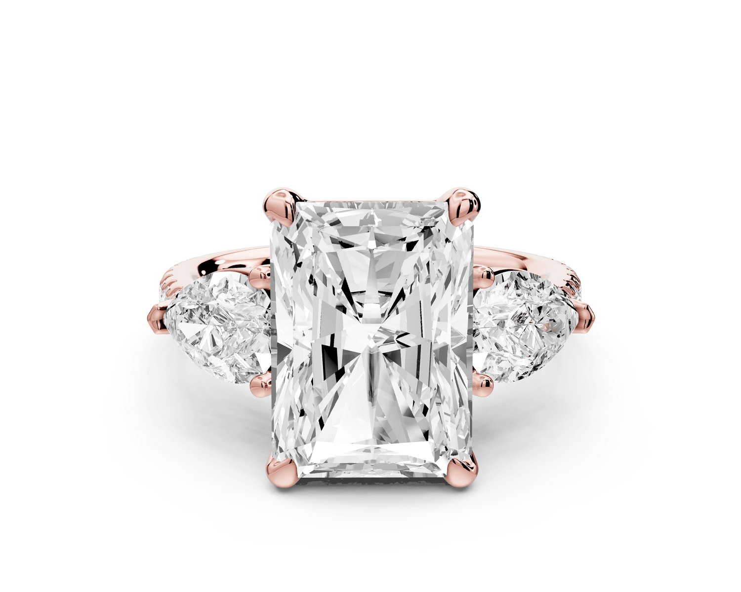 Alma - 5ct 14k rose gold radiant center stone with two pear shaped diamonds and pavé. Three stone oval and pear engagement ring with Pavé - Mr. Alex Jewelry