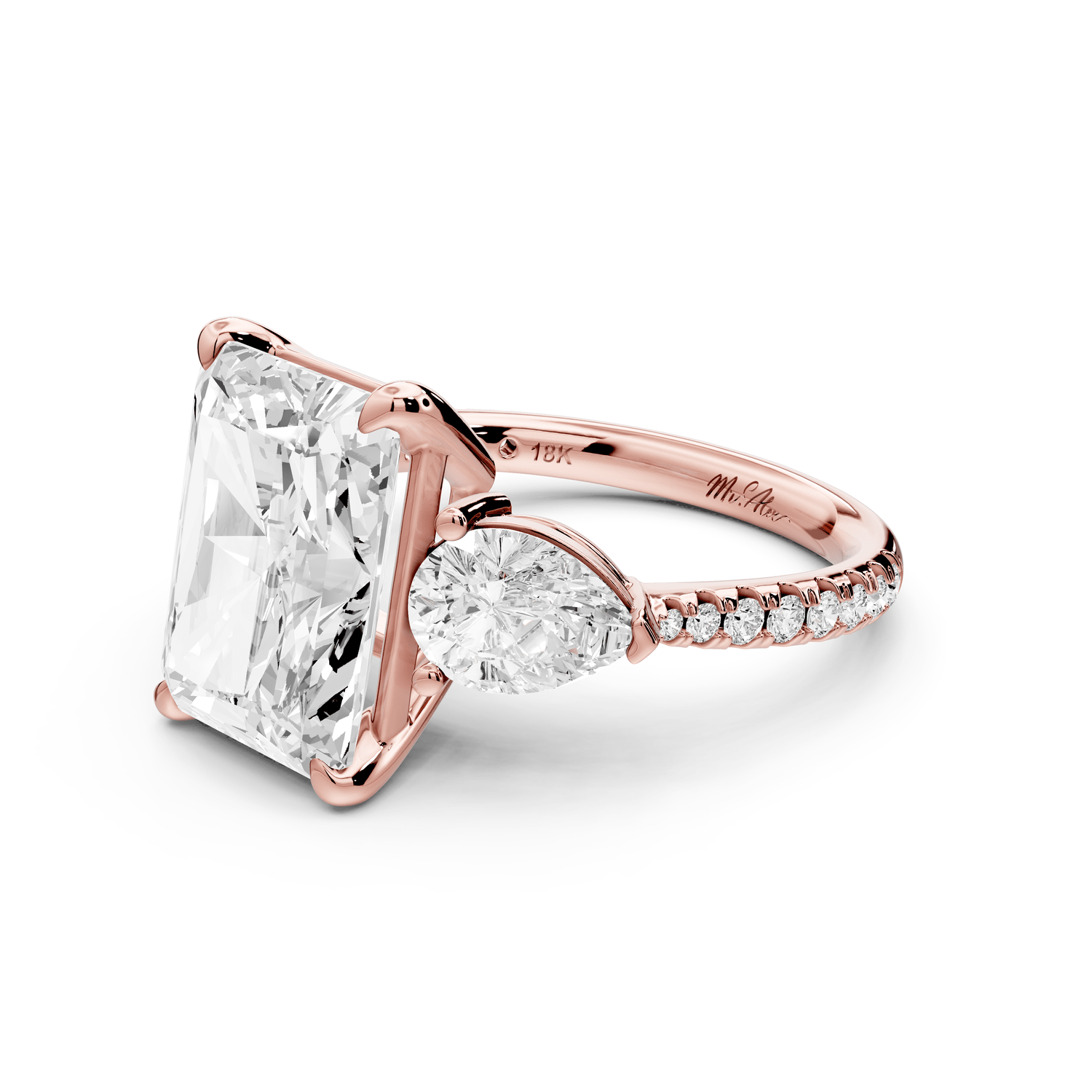 Alma - 5ct 14k rose gold radiant center stone with two pear shaped diamonds and pavé. Three stone oval and pear engagement ring with Pavé - Mr. Alex Jewelry