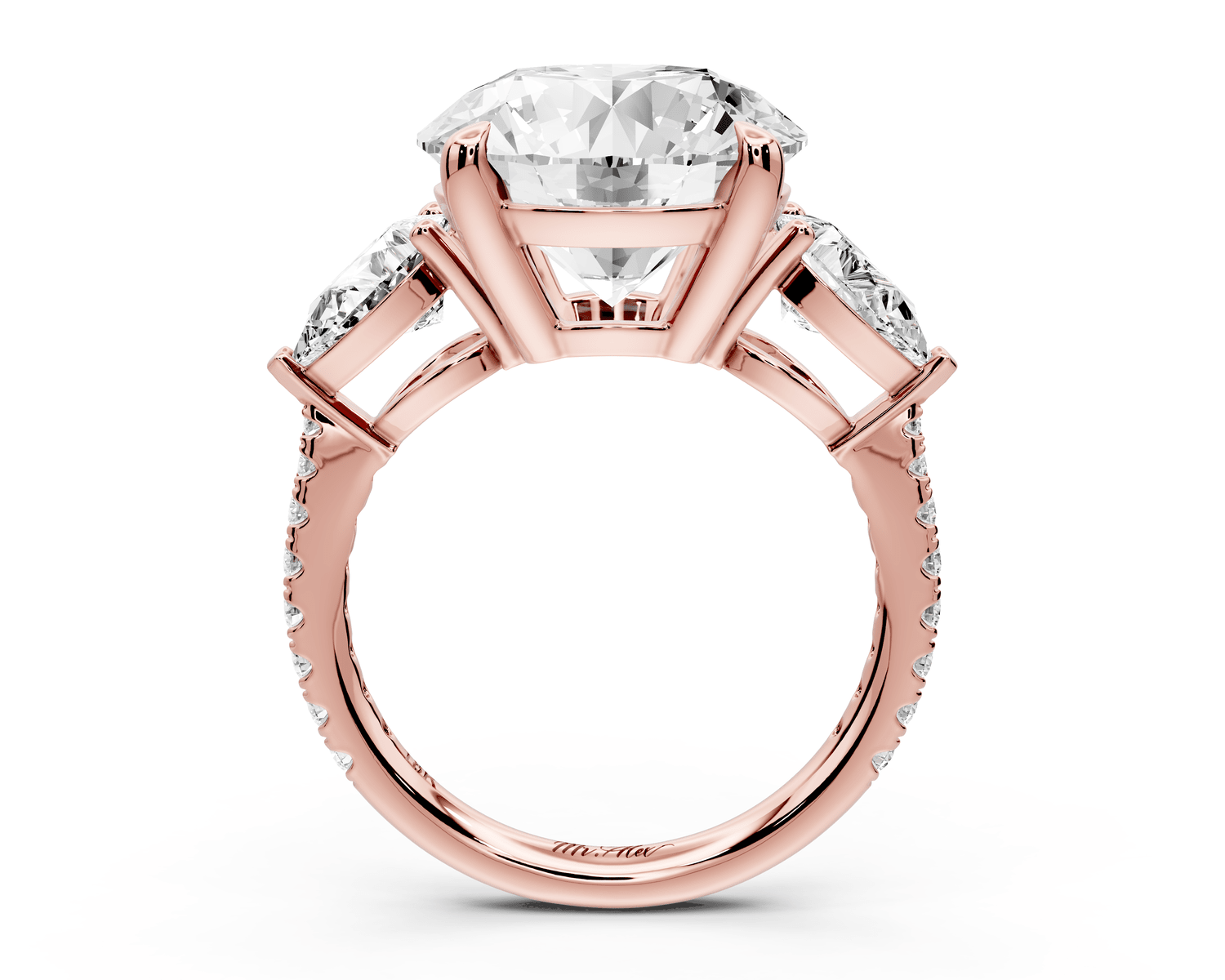 Alma - 5ct 14k rose gold round center stone with two pear shaped diamonds and pavé. Three stone oval and pear engagment ring with Pavé - Mr. Alex Jewelry