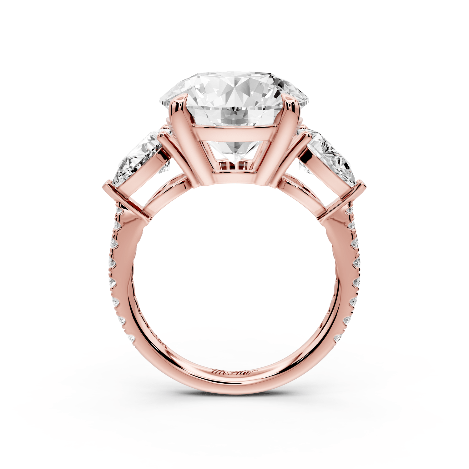 Alma - 5ct 14k rose gold round center stone with two pear shaped diamonds and pavé. Three stone oval and pear engagment ring with Pavé - Mr. Alex Jewelry