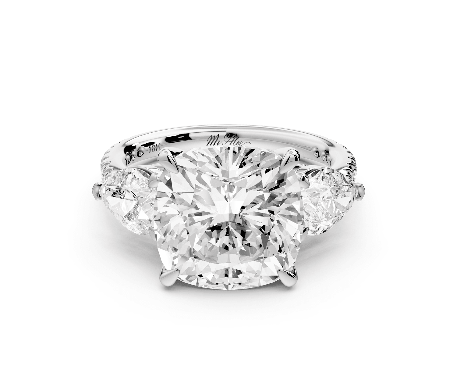 Alma - 5ct 14k white gold cushion center stone with two pear shaped diamonds and pavé. Three stone oval and pear engagement ring with Pavé - Mr. Alex Jewelry