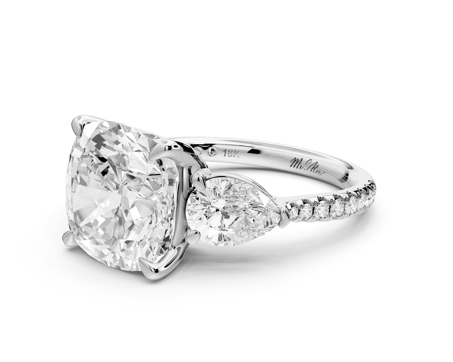 Alma - 5ct 14k white gold cushion center stone with two pear shaped diamonds and pavé. Three stone oval and pear engagement ring with Pavé - Mr. Alex Jewelry