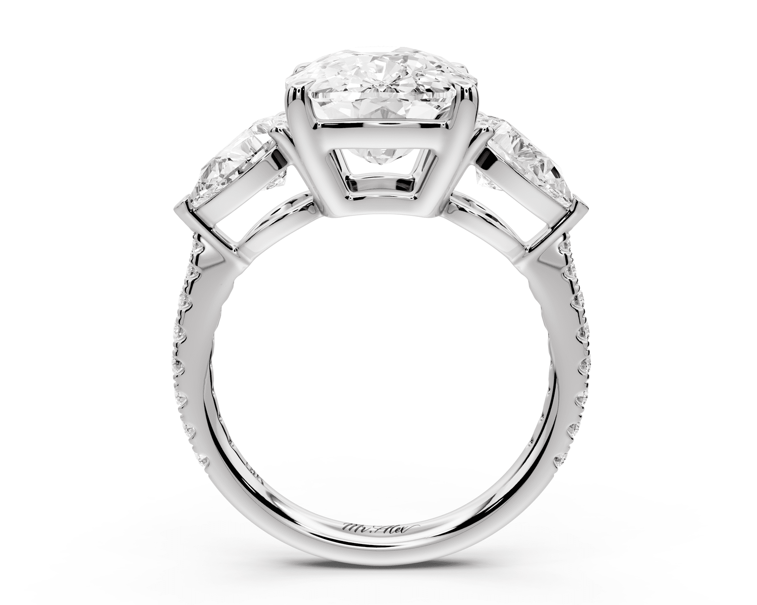 Alma - 5ct 14k white gold ecushion center stone with two pear shaped diamonds and pavé. Three stone oval and pear engagement ring with Pavé - Mr. Alex Jewelry