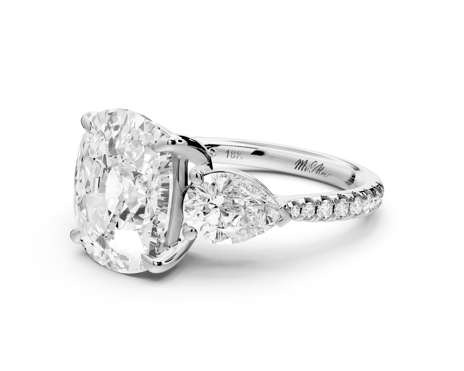 Alma - 5ct 14k white gold ecushion center stone with two pear shaped diamonds and pavé. Three stone oval and pear engagement ring with Pavé - Mr. Alex Jewelry