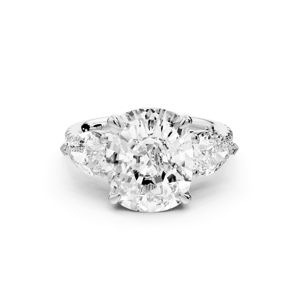 Alma - 5ct 14k white gold ecushion center stone with two pear shaped diamonds and pavé. Three stone oval and pear engagement ring with Pavé - Mr. Alex Jewelry