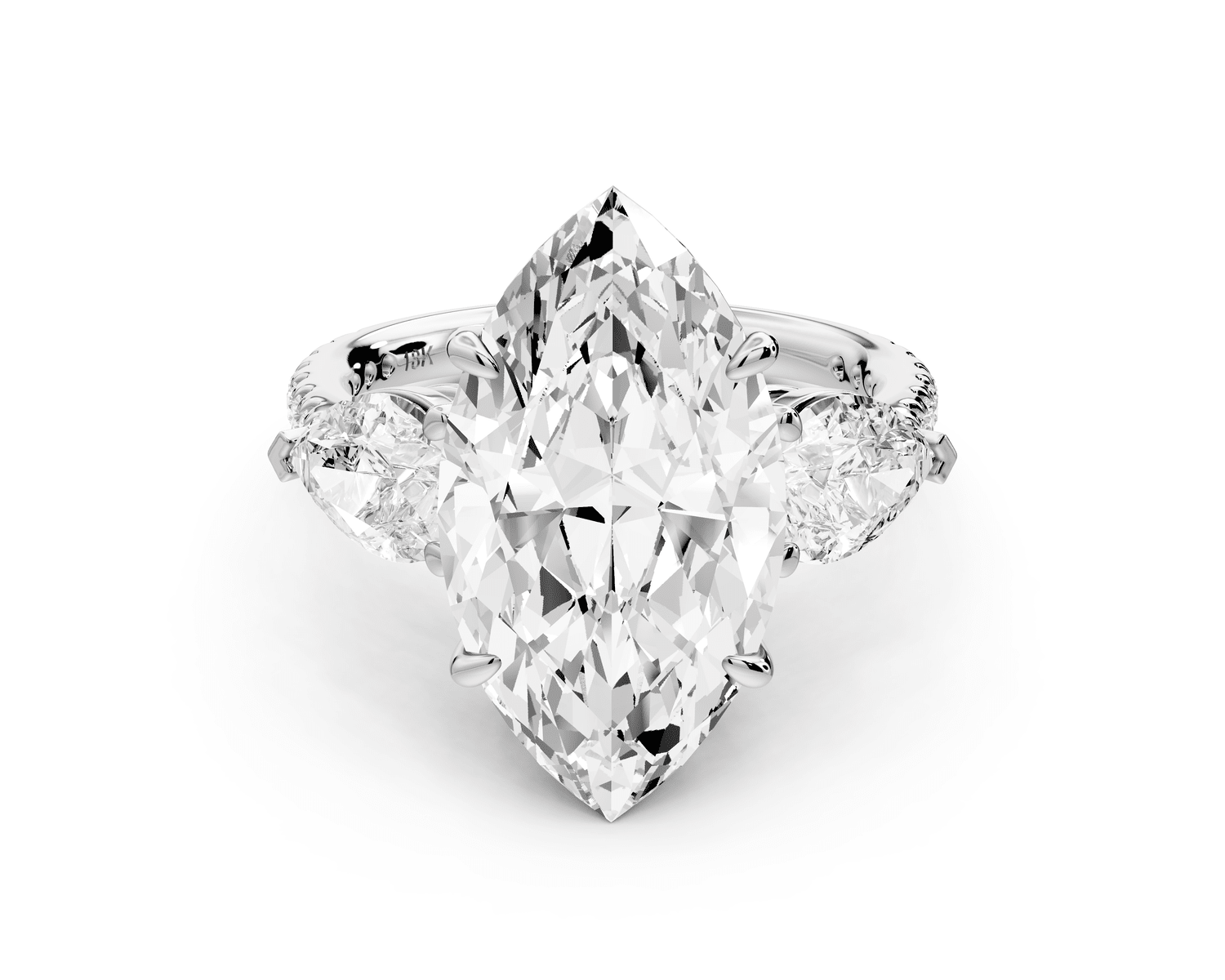 Alma - 5ct 14k white gold marquise center stone with two pear shaped diamonds and pavé. Three stone oval and pear engagement ring with Pavé - Mr. Alex Jewelry