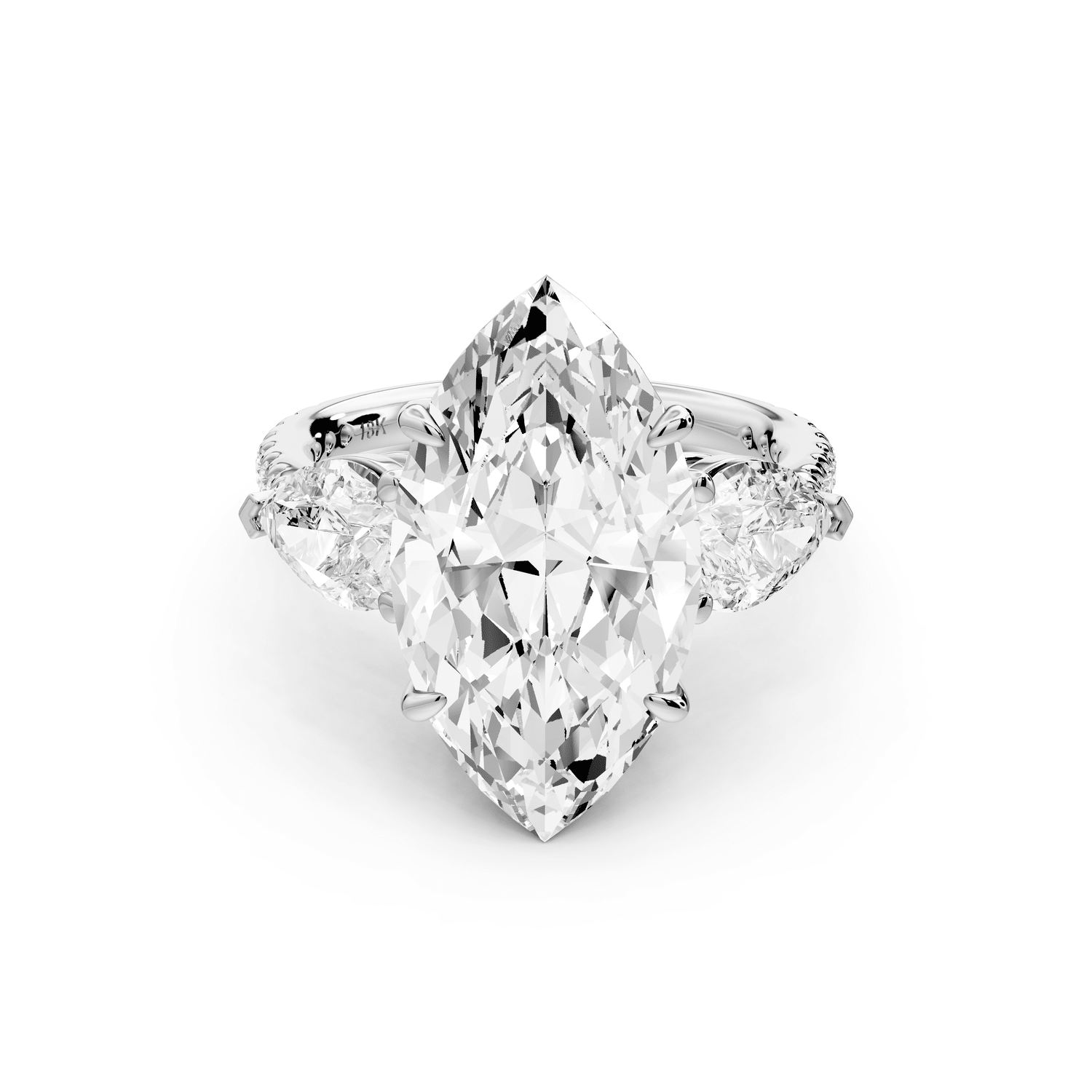 Alma - 5ct 14k white gold marquise center stone with two pear shaped diamonds and pavé. Three stone oval and pear engagement ring with Pavé - Mr. Alex Jewelry