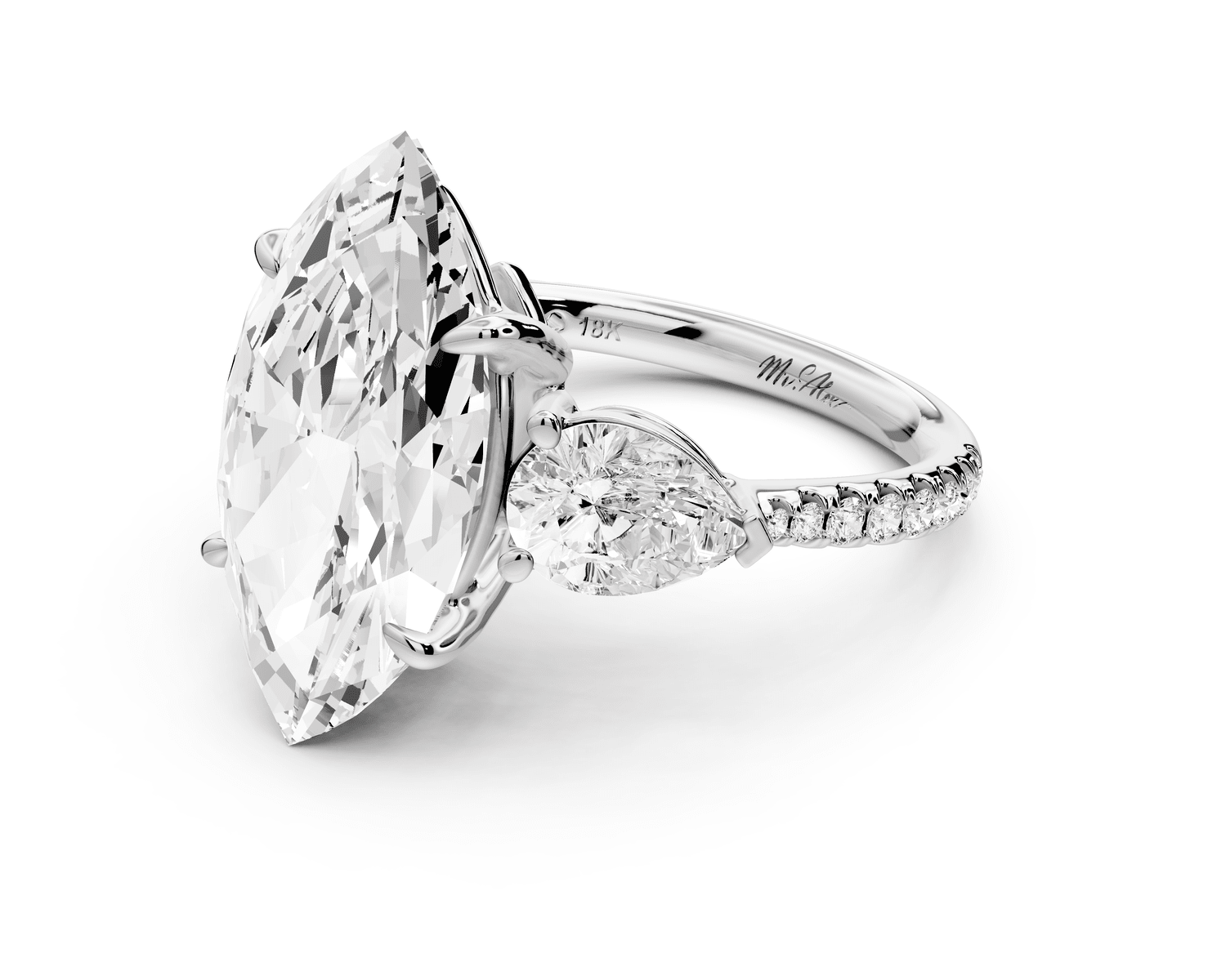 Alma - 5ct 14k white gold marquise center stone with two pear shaped diamonds and pavé. Three stone oval and pear engagement ring with Pavé - Mr. Alex Jewelry