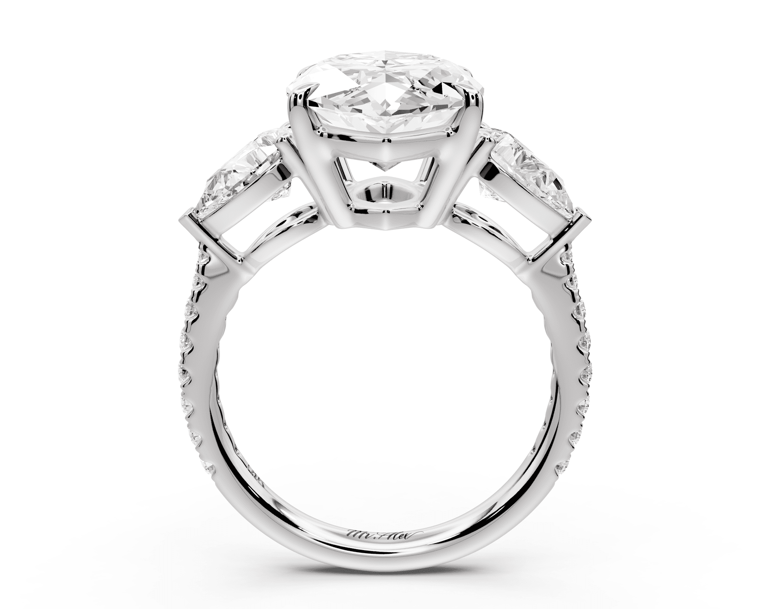 Alma - 5ct 14k white gold marquise center stone with two pear shaped diamonds and pavé. Three stone oval and pear engagement ring with Pavé - Mr. Alex Jewelry