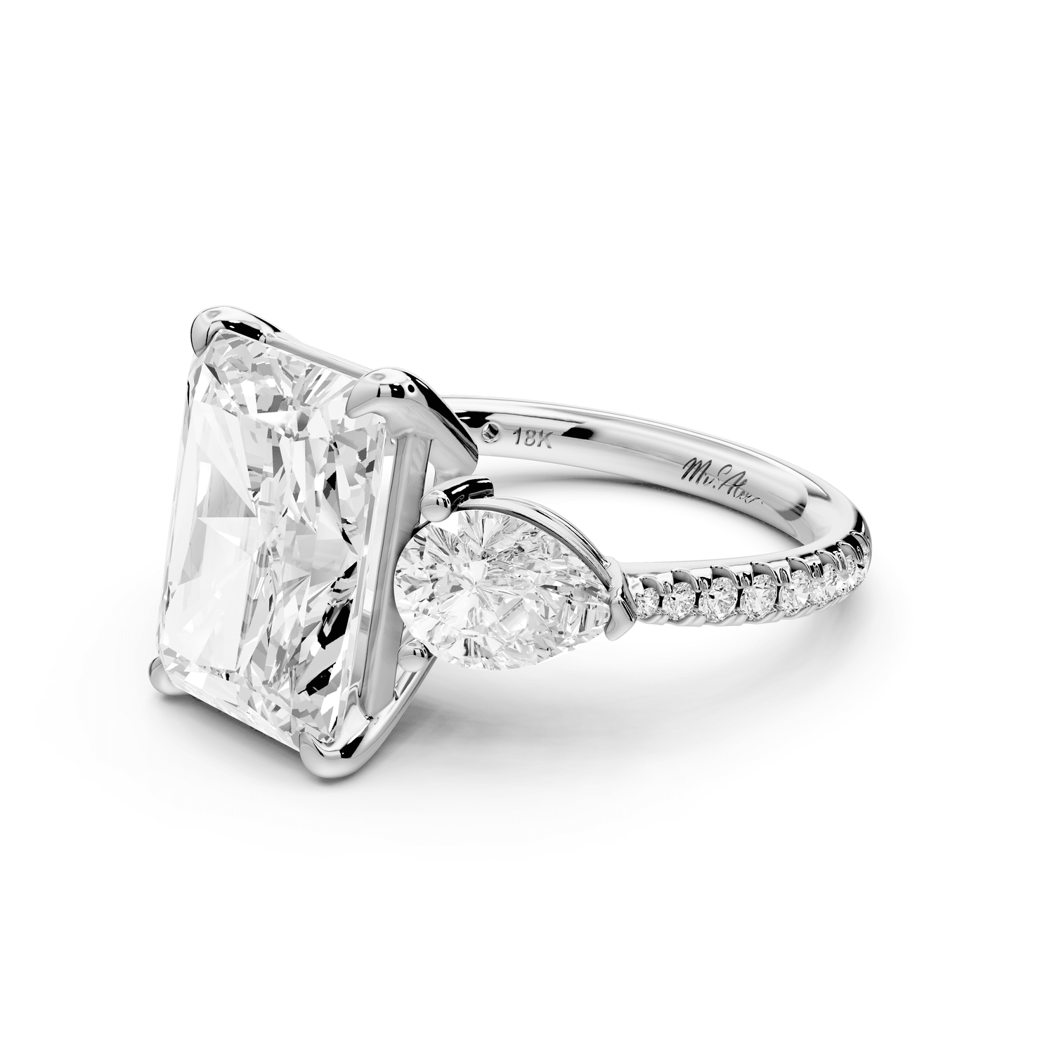 Alma - 5ct 14k white gold radiant center stone with two pear shaped diamonds and pavé. Three stone oval and pear engagement ring with Pavé - Mr. Alex Jewelry