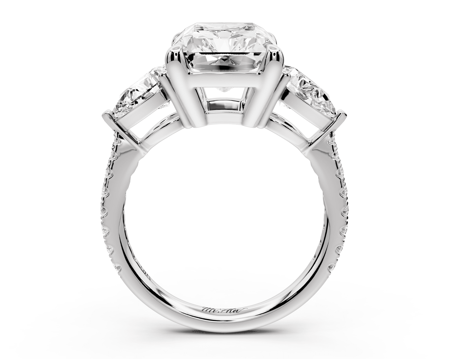 Alma - 5ct 14k white gold radiant center stone with two pear shaped diamonds and pavé. Three stone oval and pear engagement ring with Pavé - Mr. Alex Jewelry