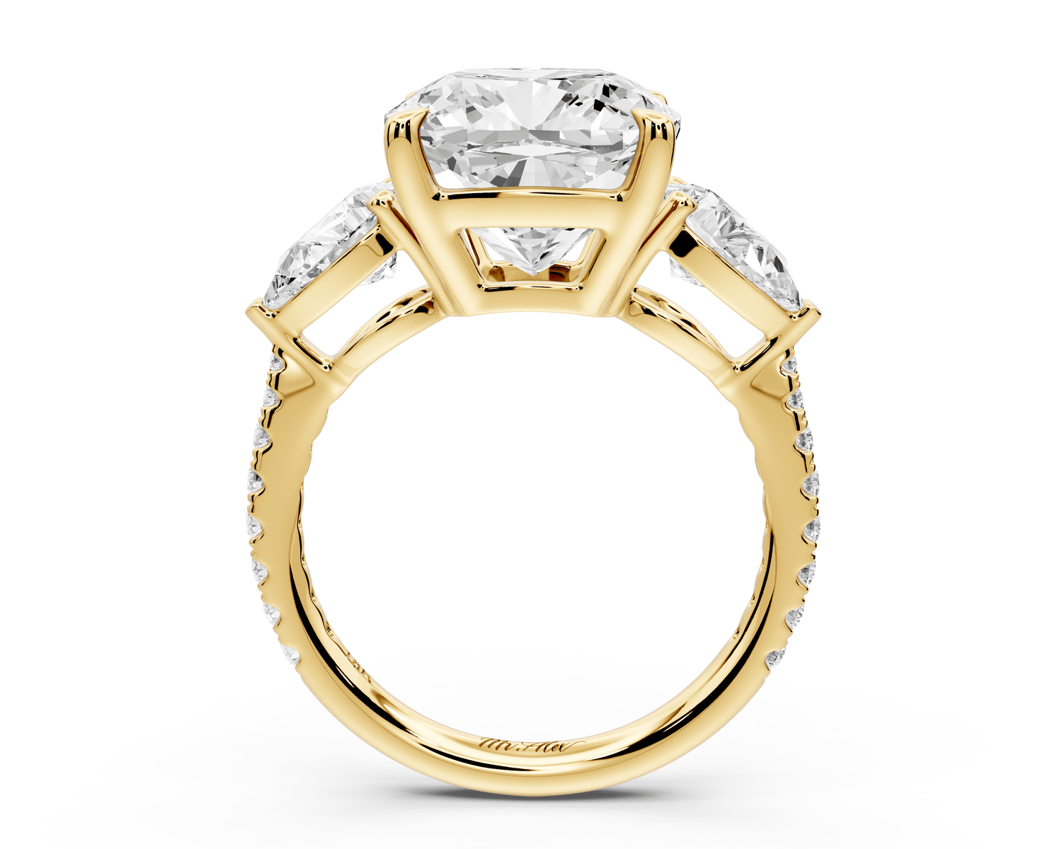 Alma - 5ct 14k yellow gold cushion center stone with two pear shaped diamonds and pavé. Three stone oval and pear engagement ring with Pavé - Mr. Alex Jewelry
