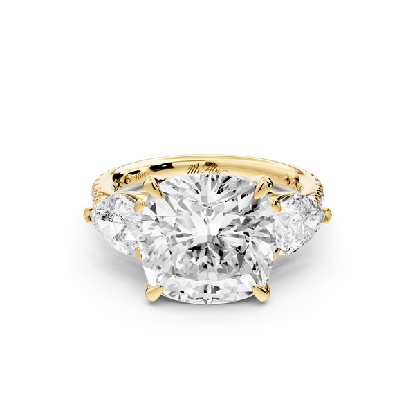 Alma - 5ct 14k yellow gold cushion center stone with two pear shaped diamonds and pavé. Three stone oval and pear engagement ring with Pavé - Mr. Alex Jewelry