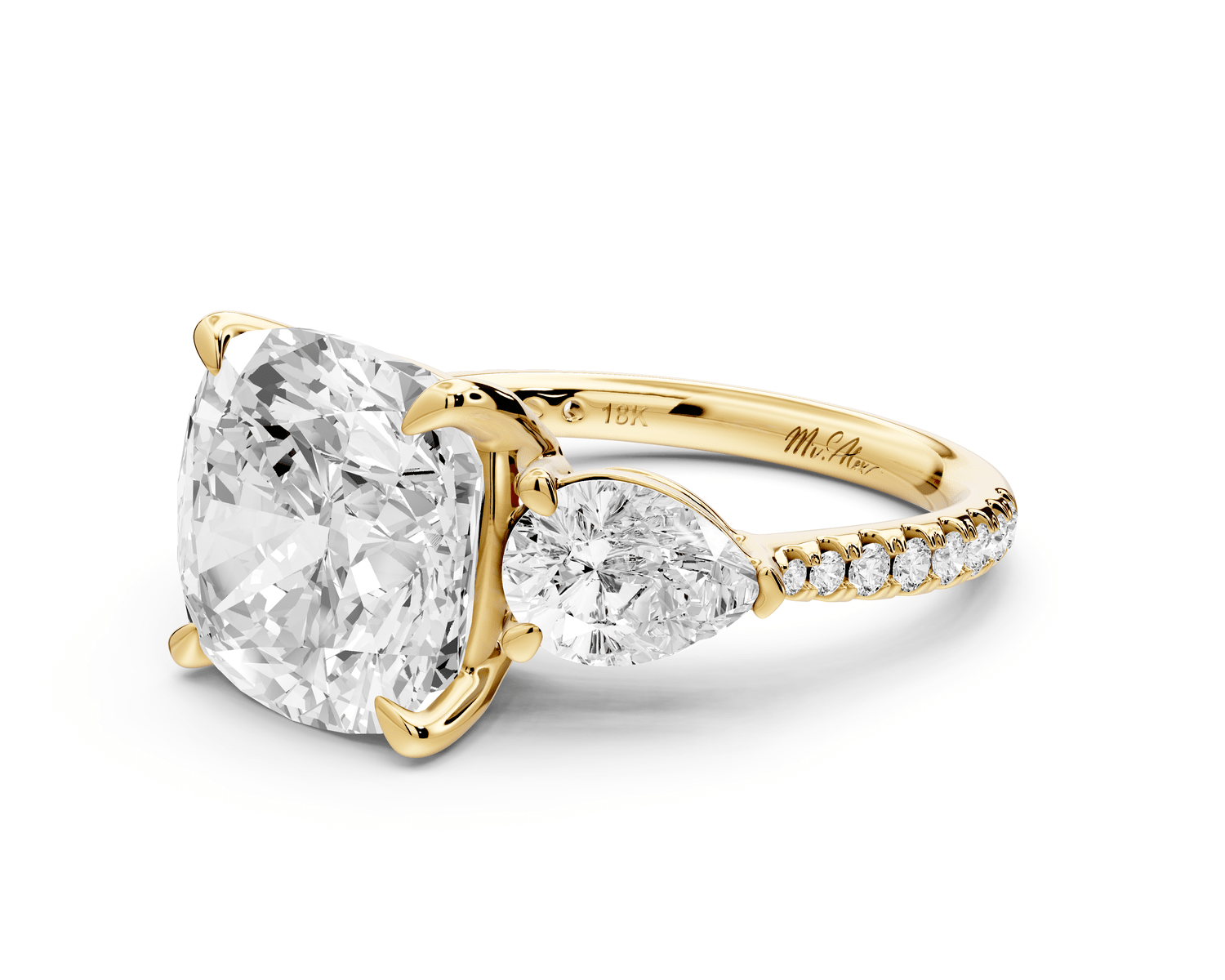 Alma - 5ct 14k yellow gold cushion center stone with two pear shaped diamonds and pavé. Three stone oval and pear engagement ring with Pavé - Mr. Alex Jewelry