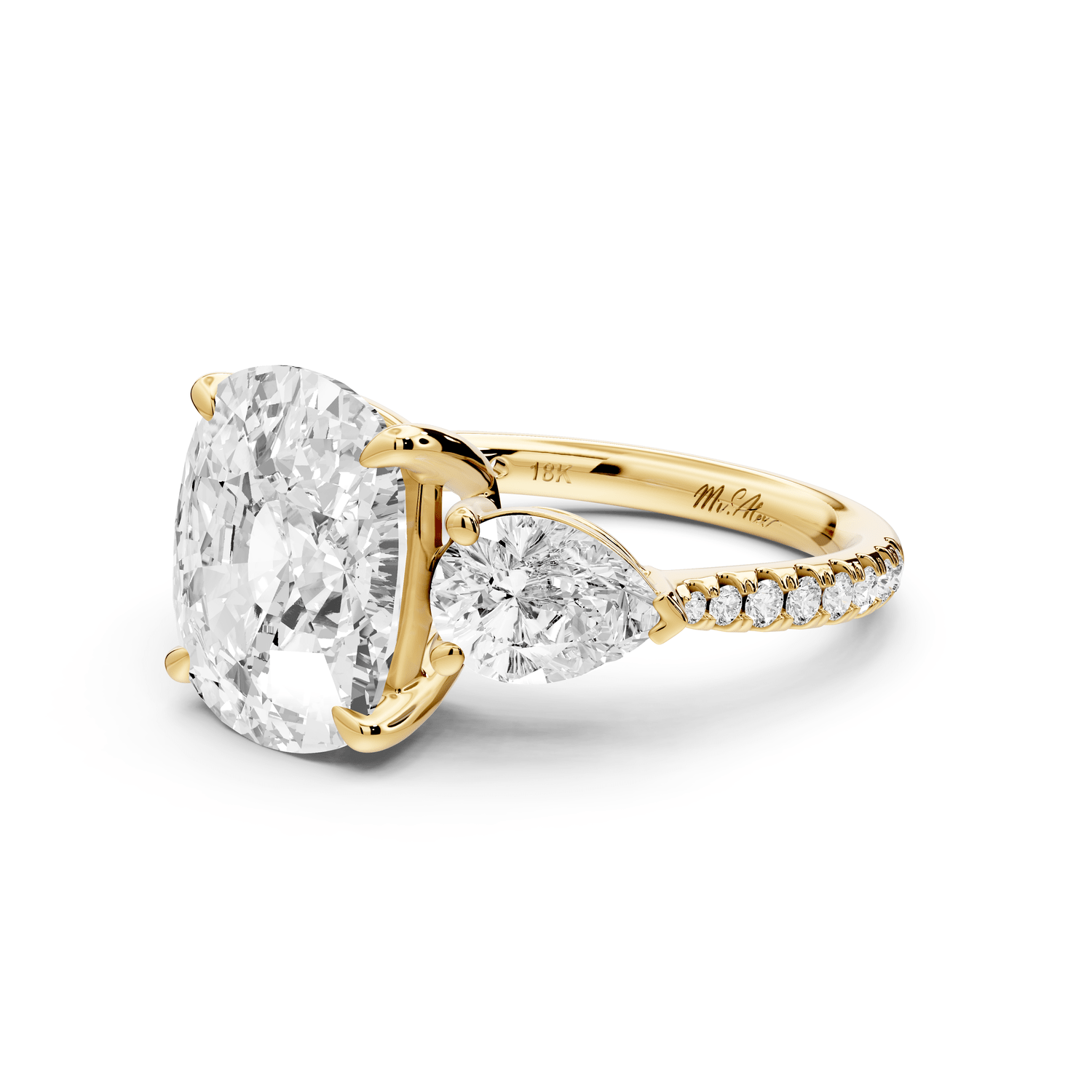 Alma - 5ct 14k yellow gold ecushion center stone with two pear shaped diamonds and pavé. Three stone oval and pear engagement ring with Pavé - Mr. Alex Jewelry