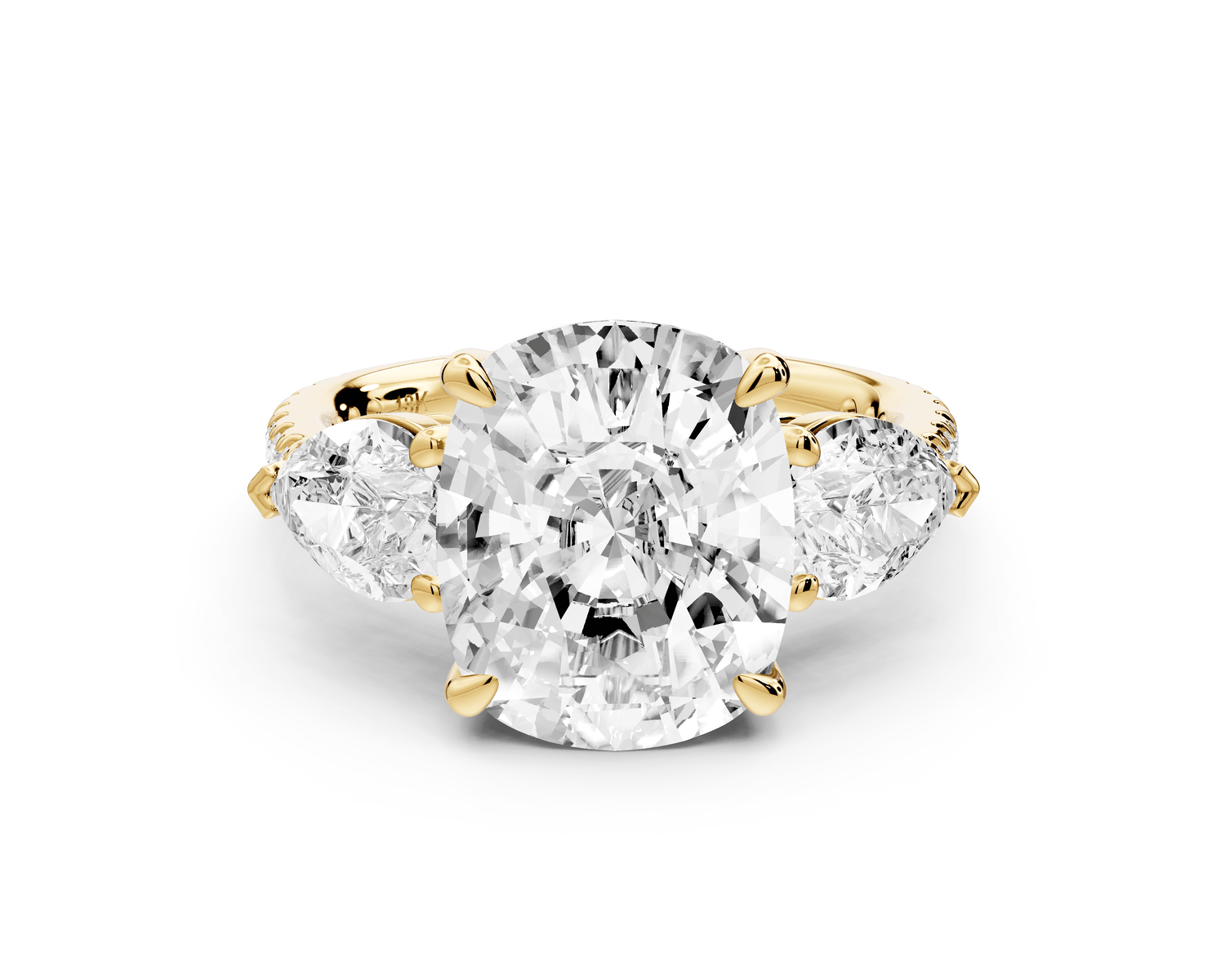 Alma - 5ct 14k yellow gold ecushion center stone with two pear shaped diamonds and pavé. Three stone oval and pear engagement ring with Pavé - Mr. Alex Jewelry