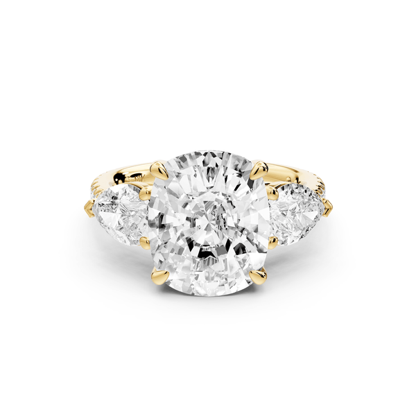 Alma - 5ct 14k yellow gold ecushion center stone with two pear shaped diamonds and pavé. Three stone oval and pear engagement ring with Pavé - Mr. Alex Jewelry