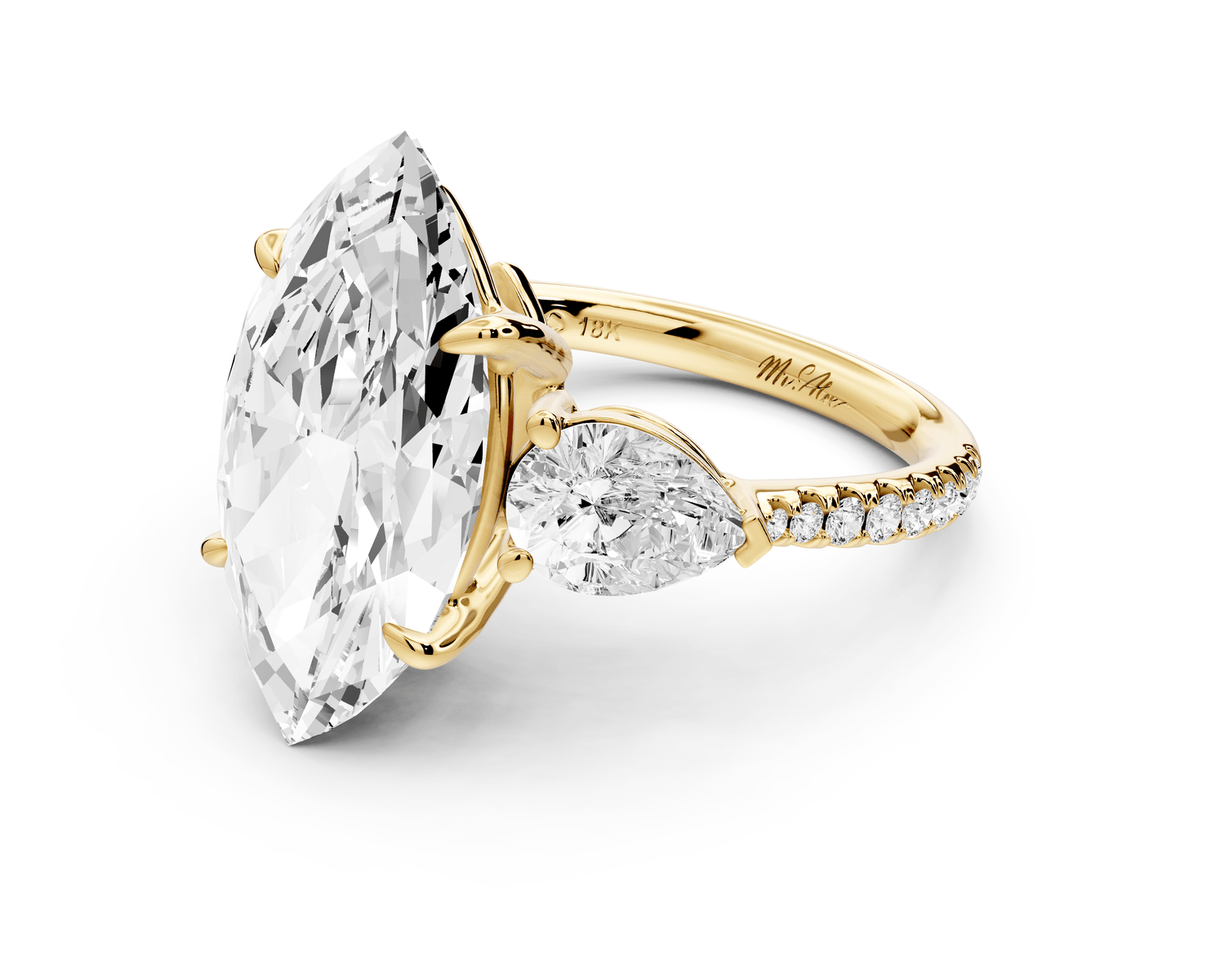 Alma - 5ct 14k yellow gold marquise center stone with two pear shaped diamonds and pavé. Three stone oval and pear engagement ring with Pavé - Mr. Alex Jewelry
