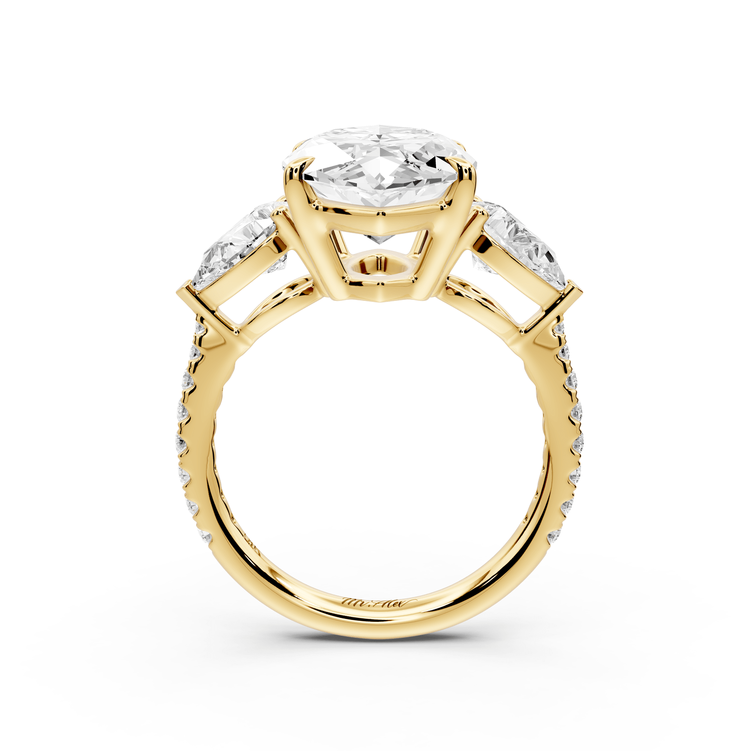 Alma - 5ct 14k yellow gold marquise center stone with two pear shaped diamonds and pavé. Three stone oval and pear engagement ring with Pavé - Mr. Alex Jewelry