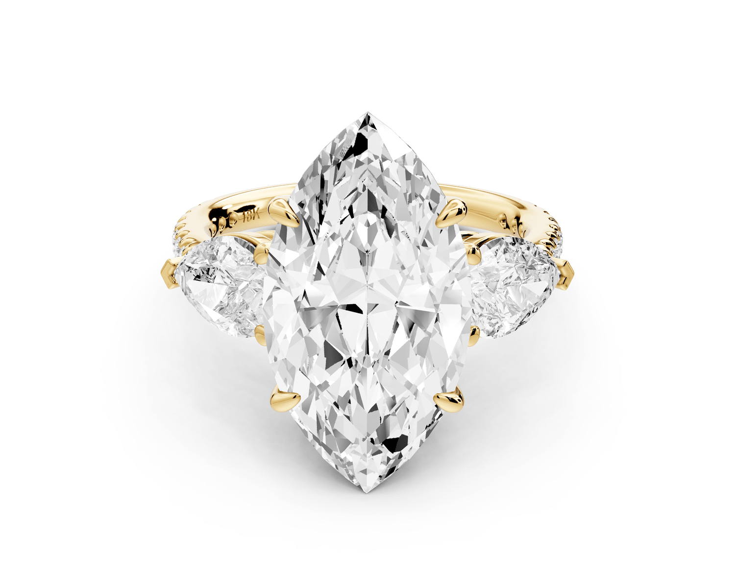 Alma - 5ct 14k yellow gold marquise center stone with two pear shaped diamonds and pavé. Three stone oval and pear engagement ring with Pavé - Mr. Alex Jewelry