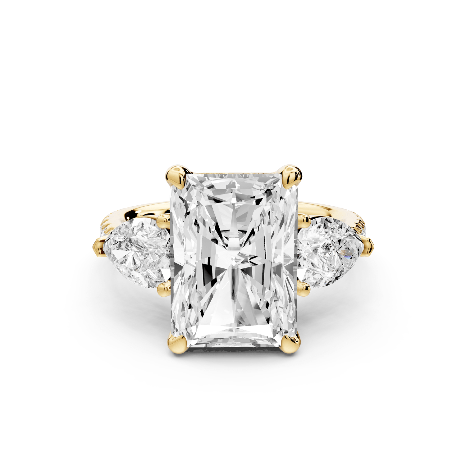 Alma - 5ct 14k yellow gold radiant center stone with two pear shaped diamonds and pavé. Three stone oval and pear engagement ring with Pavé - Mr. Alex Jewelry