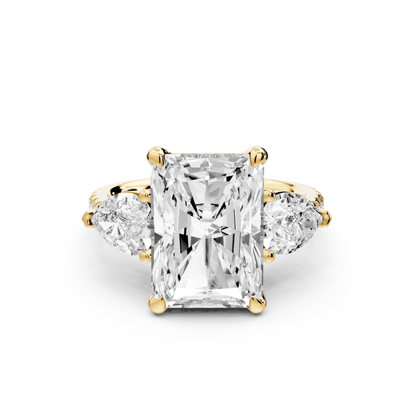 Alma - 5ct 14k yellow gold radiant center stone with two pear shaped diamonds and pavé. Three stone oval and pear engagement ring with Pavé - Mr. Alex Jewelry