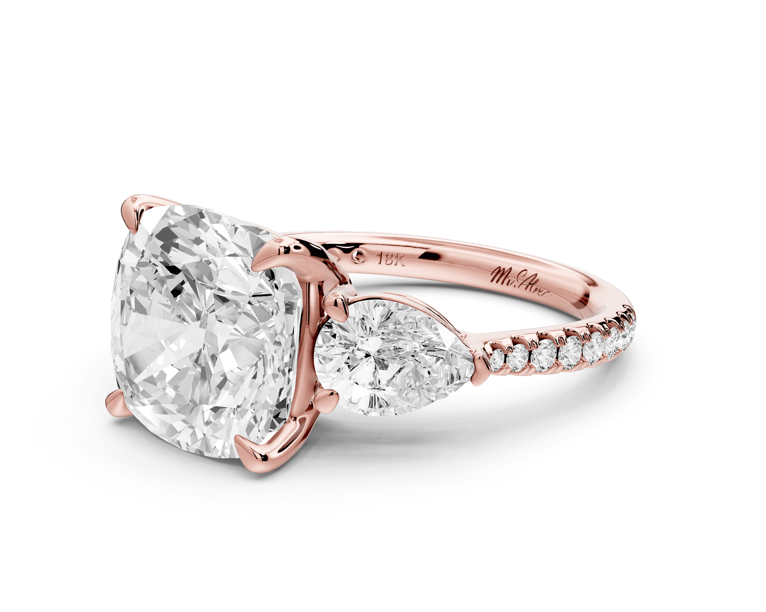 Alma - 5ct 18k rose gold cushion center stone with two pear shaped diamonds and pavé. Three stone oval and pear engagement ring with Pavé - Mr. Alex Jewelry