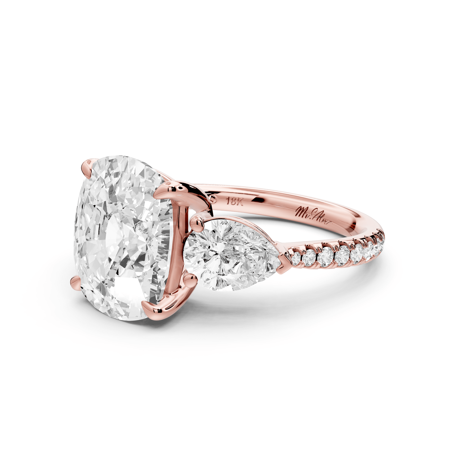 Alma - 5ct 18k rose gold ecushion center stone with two pear shaped diamonds and pavé. Three stone oval and pear engagement ring with Pavé - Mr. Alex Jewelry