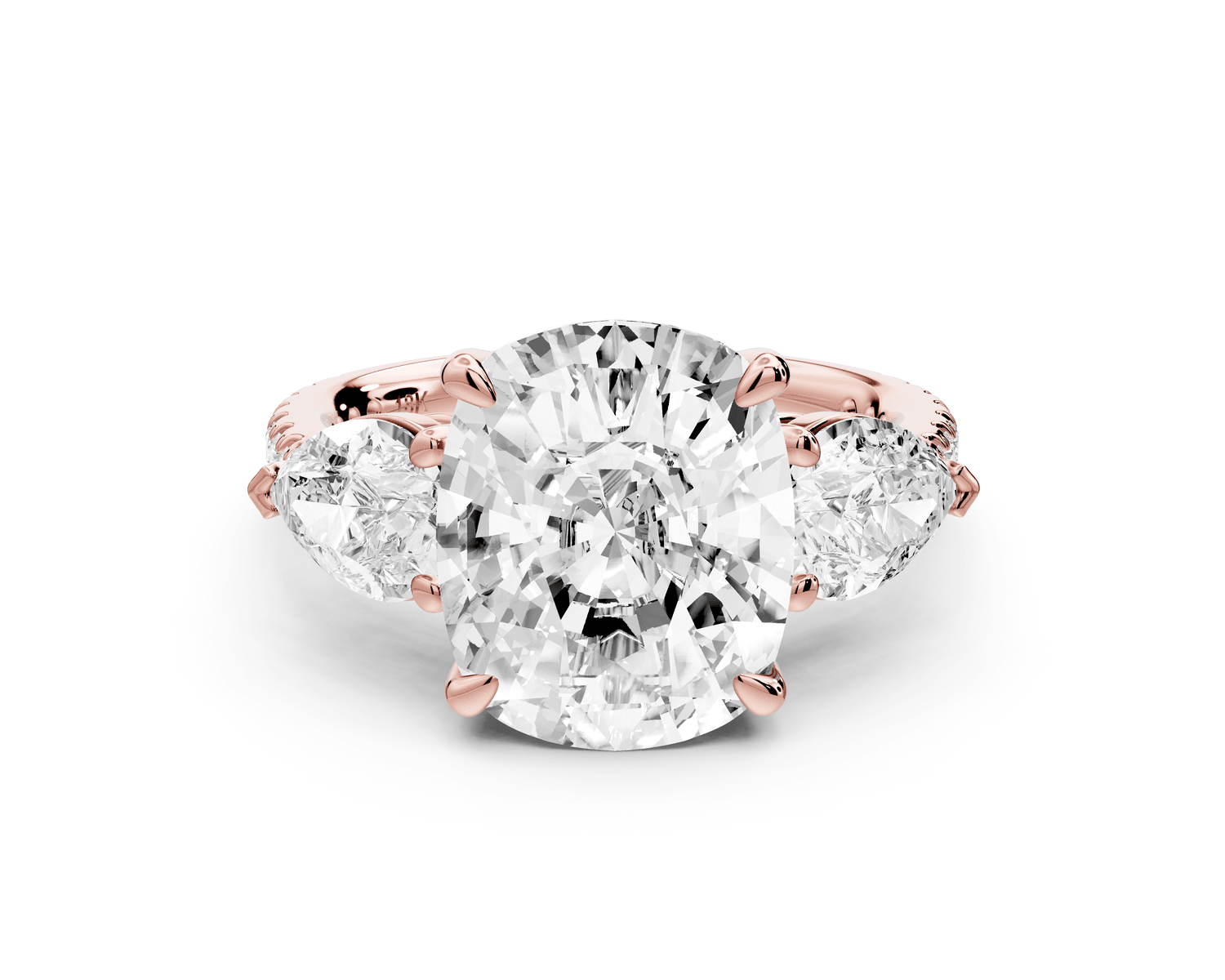 Alma - 5ct 18k rose gold ecushion center stone with two pear shaped diamonds and pavé. Three stone oval and pear engagement ring with Pavé - Mr. Alex Jewelry