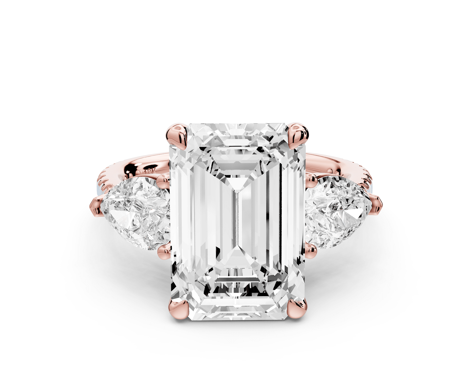 Alma - 5ct 18k rose gold emerald center stone with two pear shaped diamonds and pavé. Three stone oval and pear Engagement ring with Pavé - Mr. Alex Jewelry