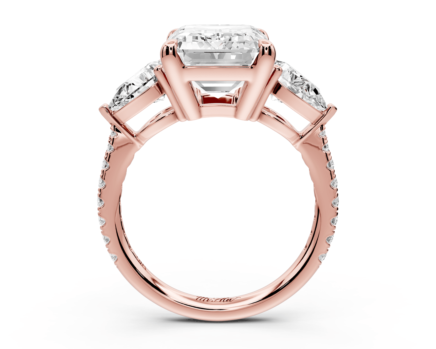 Alma - 5ct 18k rose gold emerald center stone with two pear shaped diamonds and pavé. Three stone oval and pear Engagement ring with Pavé - Mr. Alex Jewelry