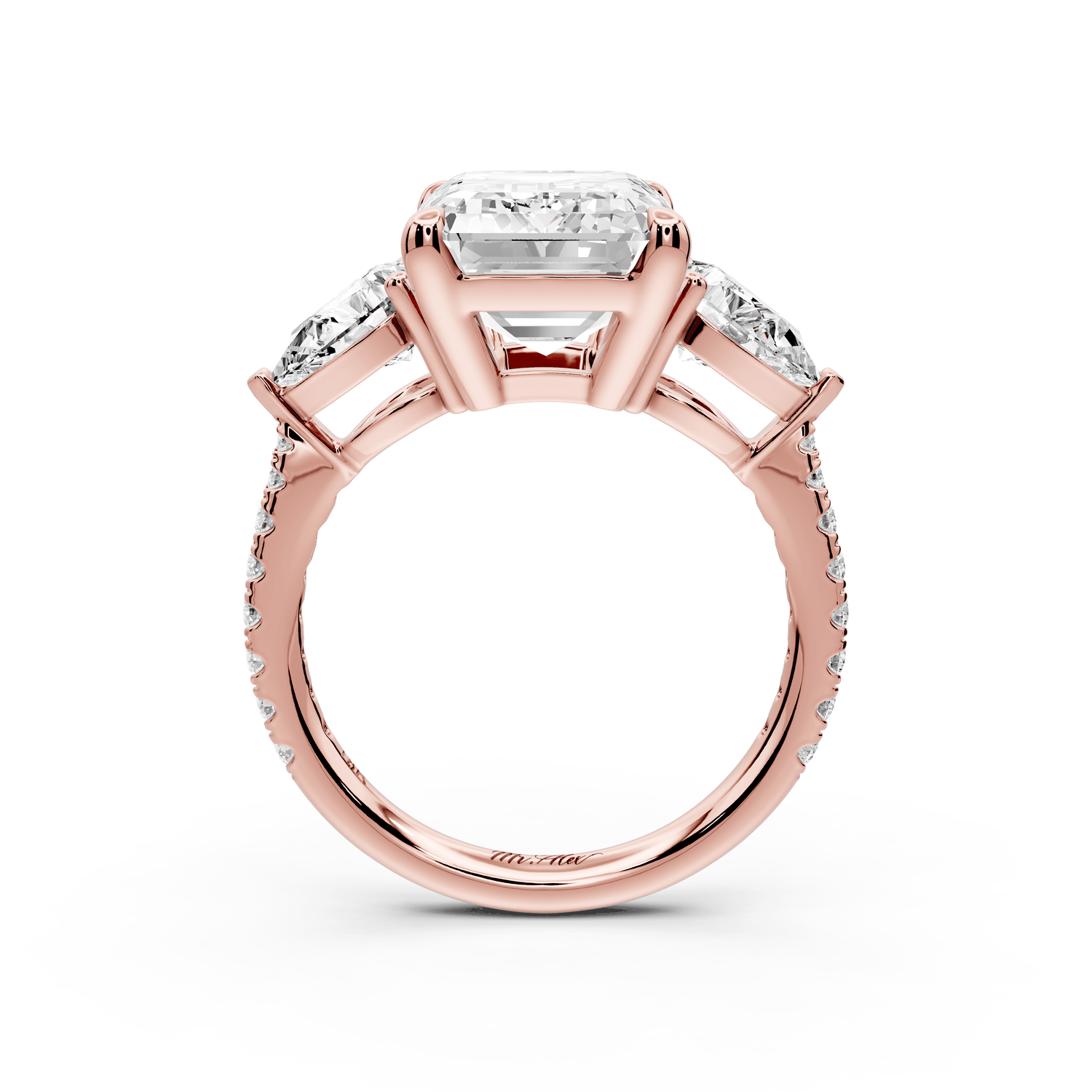 Alma - 5ct 18k rose gold emerald center stone with two pear shaped diamonds and pavé. Three stone oval and pear Engagement ring with Pavé - Mr. Alex Jewelry