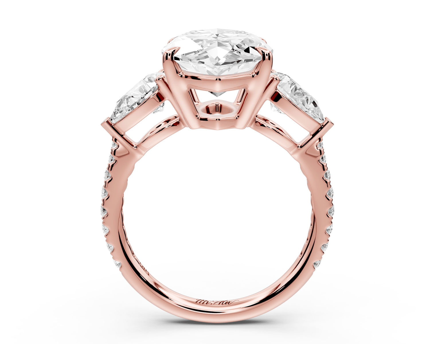 Alma - 5ct 18k rose gold marquise center stone with two pear shaped diamonds and pavé. Three stone oval and pear engagement ring with Pavé - Mr. Alex Jewelry