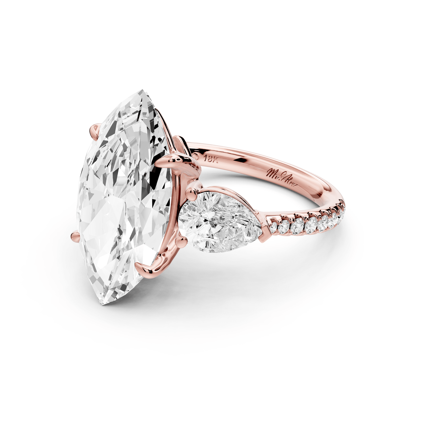 Alma - 5ct 18k rose gold marquise center stone with two pear shaped diamonds and pavé. Three stone oval and pear engagement ring with Pavé - Mr. Alex Jewelry