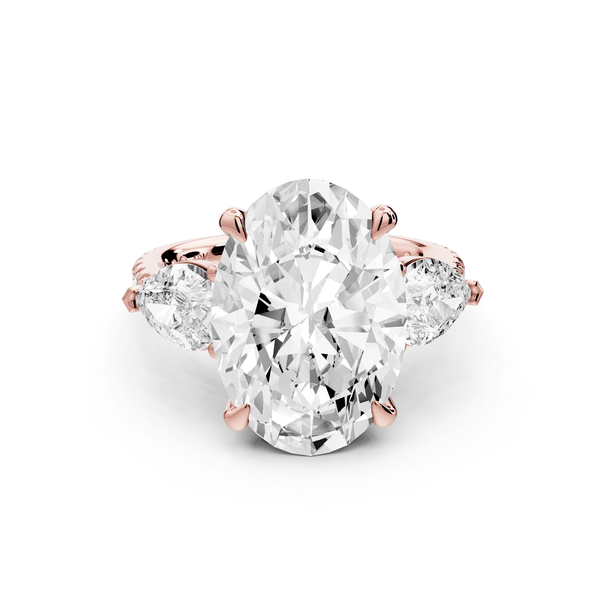 Alma - 5ct 18k rose gold oval center stone with two pear shaped diamonds and pavé. Three stone oval and pear Engagement ring with Pavé - Mr. Alex Jewelry