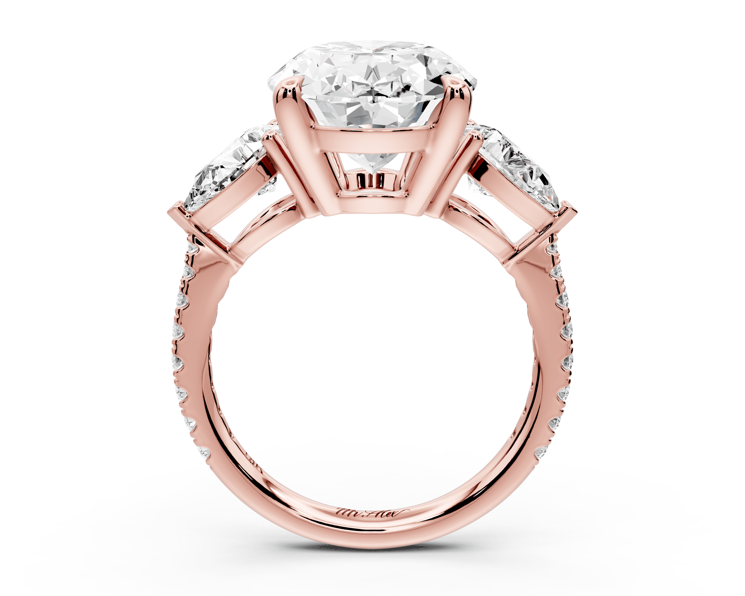Alma - 5ct 18k rose gold oval center stone with two pear shaped diamonds and pavé. Three stone oval and pear Engagement ring with Pavé - Mr. Alex Jewelry