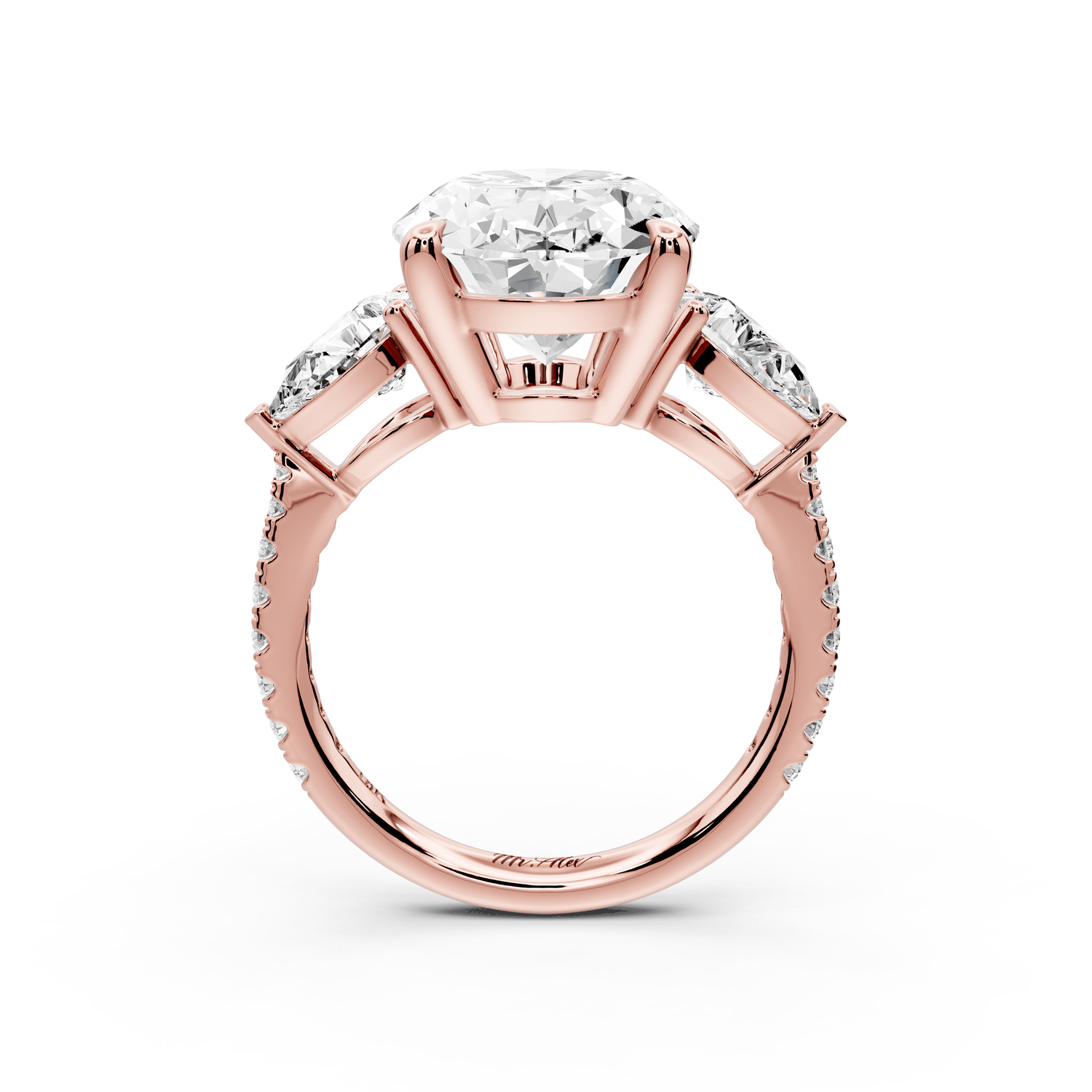 Alma - 5ct 18k rose gold oval center stone with two pear shaped diamonds and pavé. Three stone oval and pear Engagement ring with Pavé - Mr. Alex Jewelry
