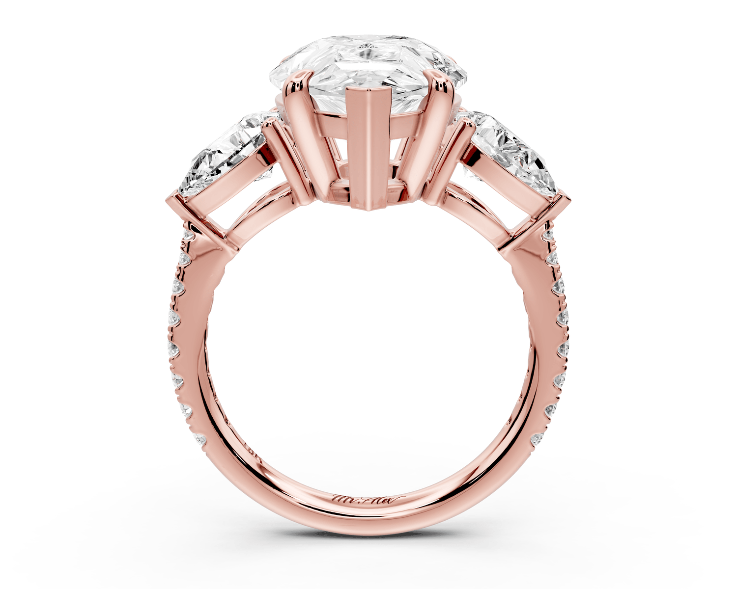 Alma - 5ct 18k rose gold pear center stone with two pear shaped diamonds and pavé. Three stone oval and pear Engagement ring with Pavé - Mr. Alex Jewelry
