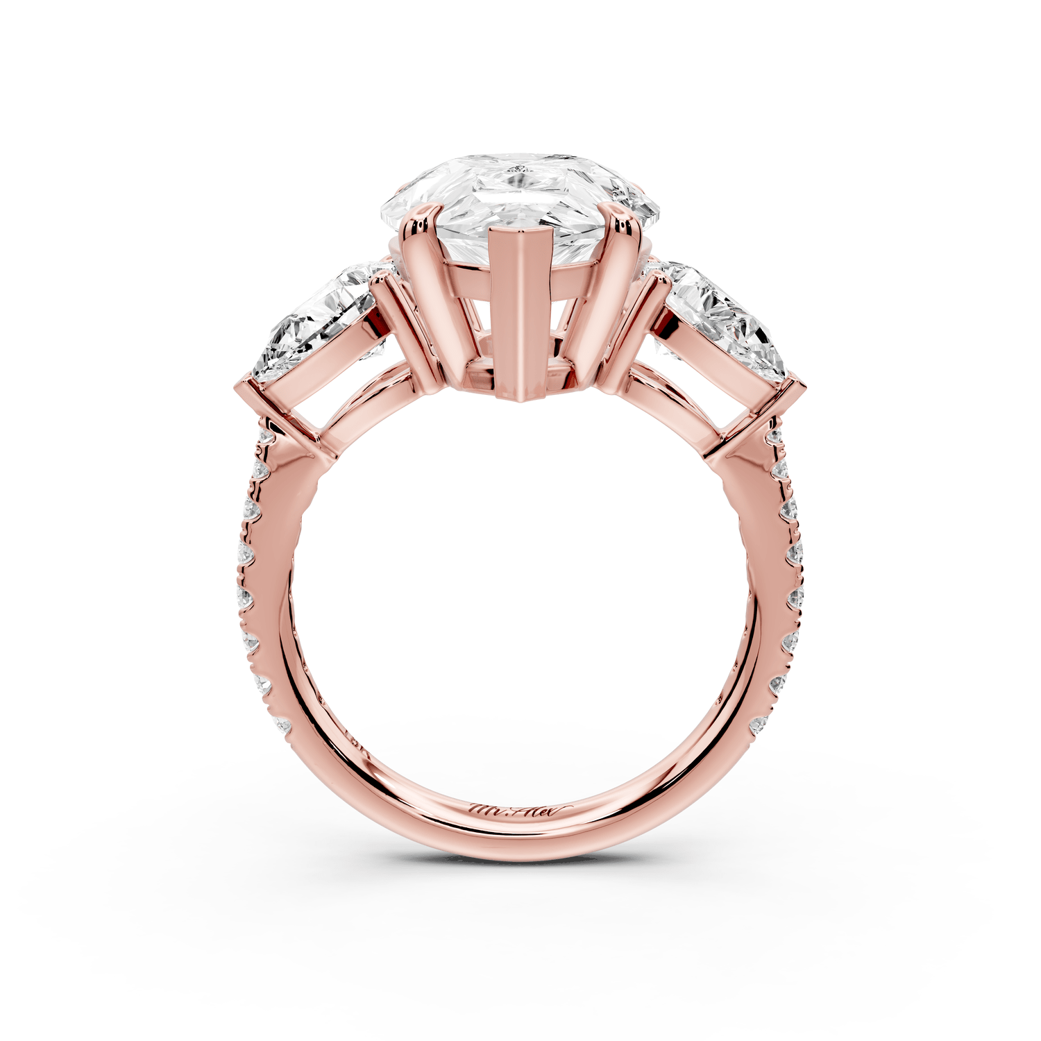 Alma - 5ct 18k rose gold pear center stone with two pear shaped diamonds and pavé. Three stone oval and pear Engagement ring with Pavé - Mr. Alex Jewelry