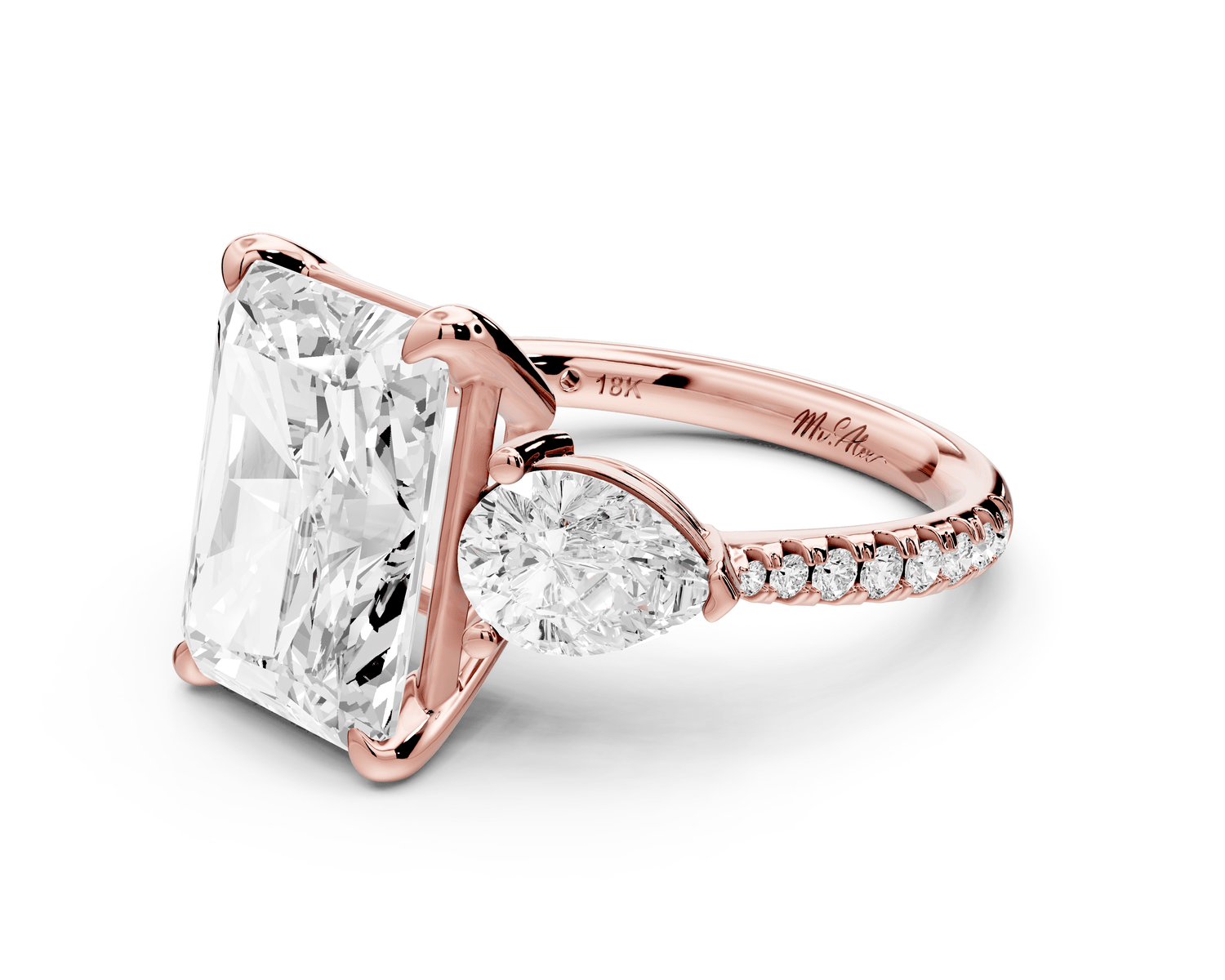 Alma - 5ct 18k rose gold radiant center stone with two pear shaped diamonds and pavé. Three stone oval and pear engagement ring with Pavé - Mr. Alex Jewelry