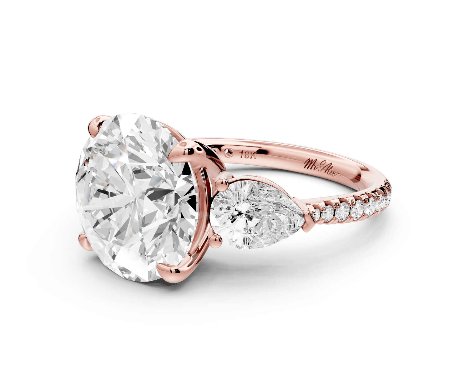 Alma - 5ct 18k rose gold round center stone with two pear shaped diamonds and pavé. Three stone oval and pear engagment ring with Pavé - Mr. Alex Jewelry