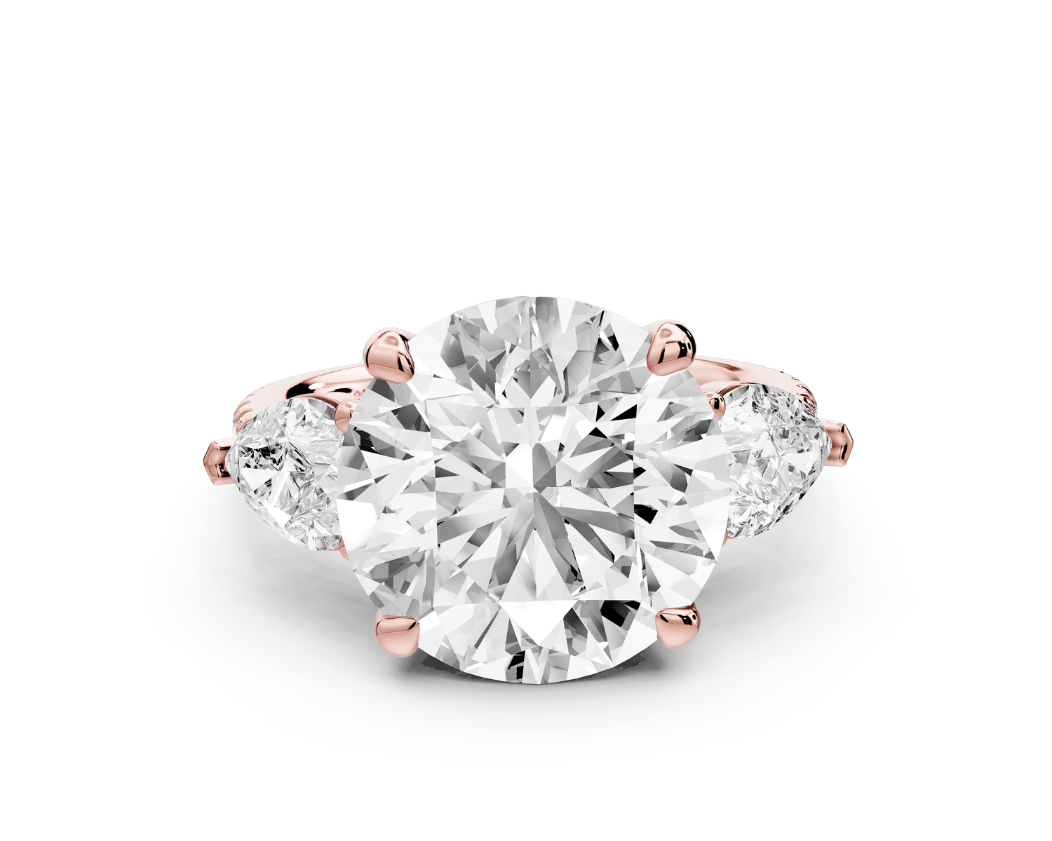 Alma - 5ct 18k rose gold round center stone with two pear shaped diamonds and pavé. Three stone oval and pear engagment ring with Pavé - Mr. Alex Jewelry