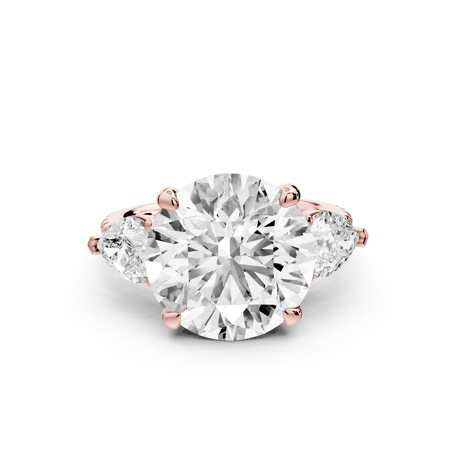 Alma - 5ct 18k rose gold round center stone with two pear shaped diamonds and pavé. Three stone oval and pear engagment ring with Pavé - Mr. Alex Jewelry